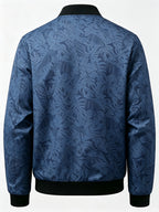 Men's Baseball Collar Print Casual Jacket, Outdoor Windproof Coat with Zipper Pockets Warm Soft Jacket - Fog Blue