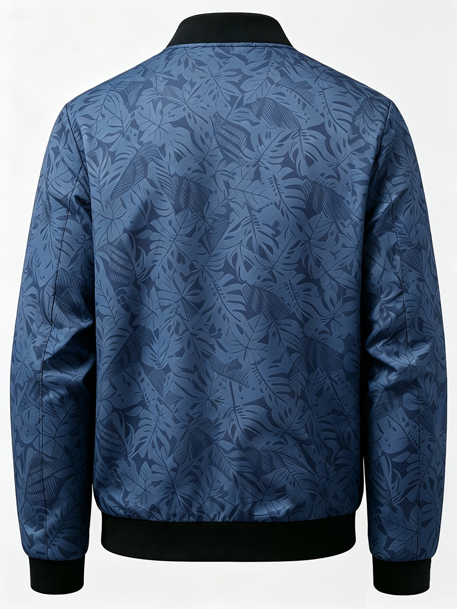 Men's Baseball Collar Print Casual Jacket, Outdoor Windproof Coat with Zipper Pockets Warm Soft Jacket - Fog Blue