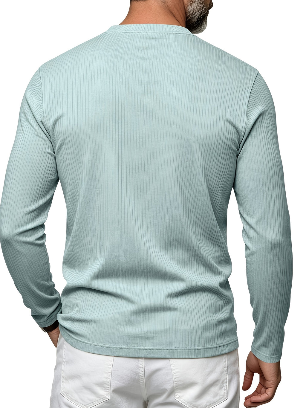 Men's Vertical Pin-Stripe V-Neck Henley Long-Sleeve T-Shirt, Slim Fit Stretch Textured Top, Spring/Autumn Casual Base Layer Men's Apparel - Light Green