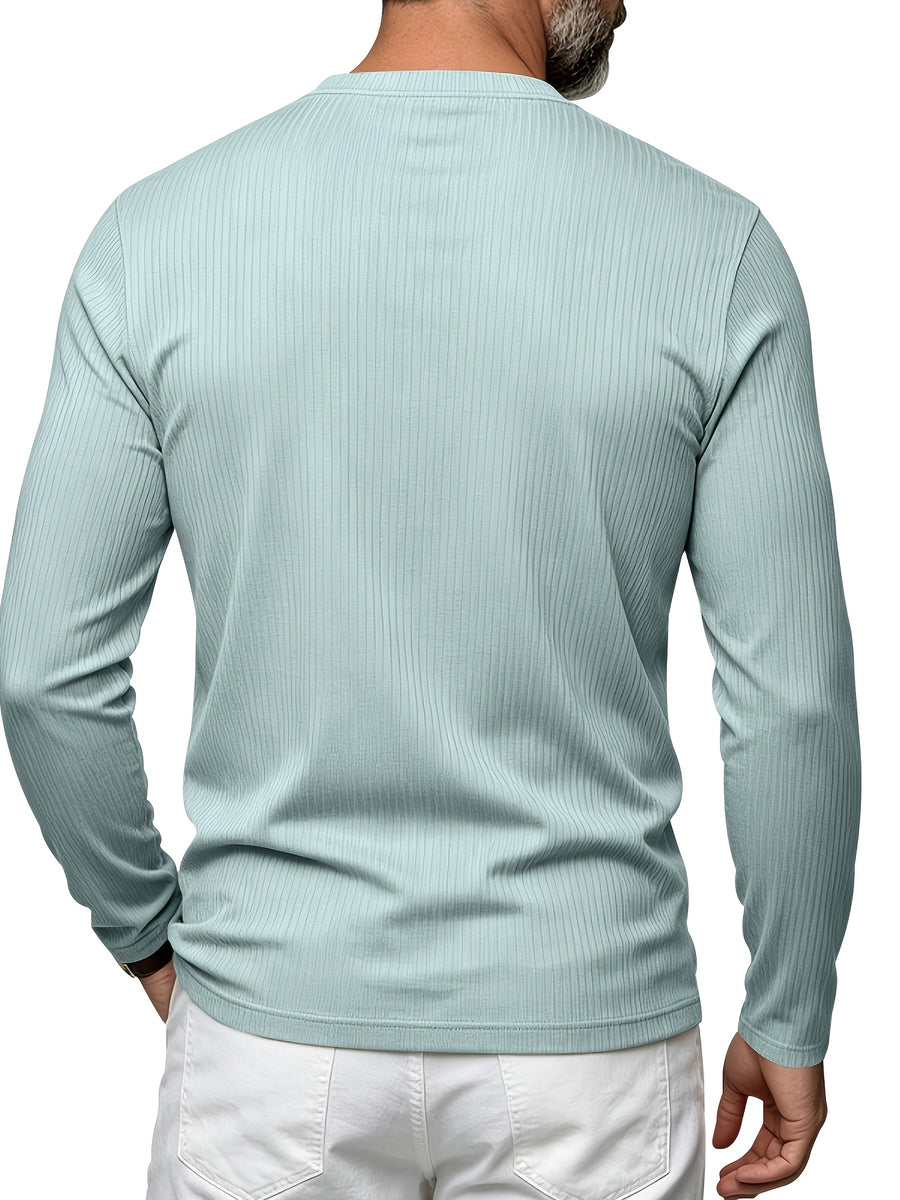 Men's Vertical Pin-Stripe V-Neck Henley Long-Sleeve T-Shirt, Slim Fit Stretch Textured Top, Spring/Autumn Casual Base Layer Men's Apparel - Light Green