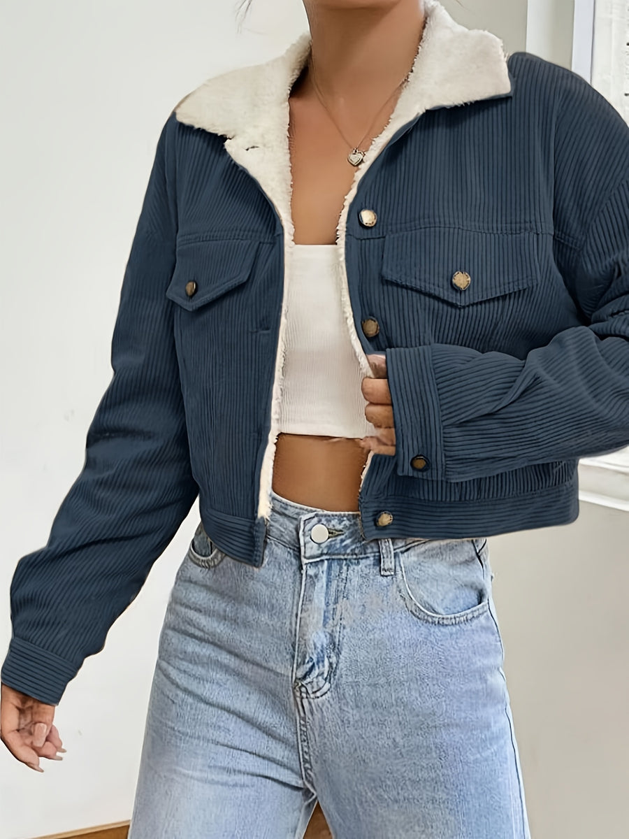 Women'S Short Corduroy And Lamb Jacket for Autumn And Winter, Featuring a Fleece Collar, Versatile Korean-Style Warm Top - Navy Color