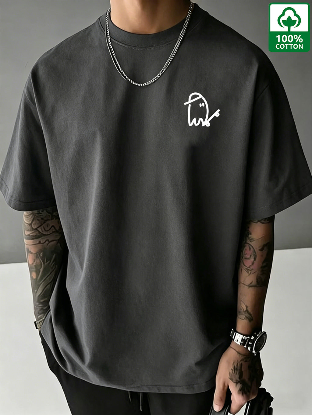 Men's Print Pure Cotton T-Shirt, Summer Fashion Vintage Trendy Casual Breathable Everyday Versatile Crew Neck Short Sleeve Top - Dark Gray
