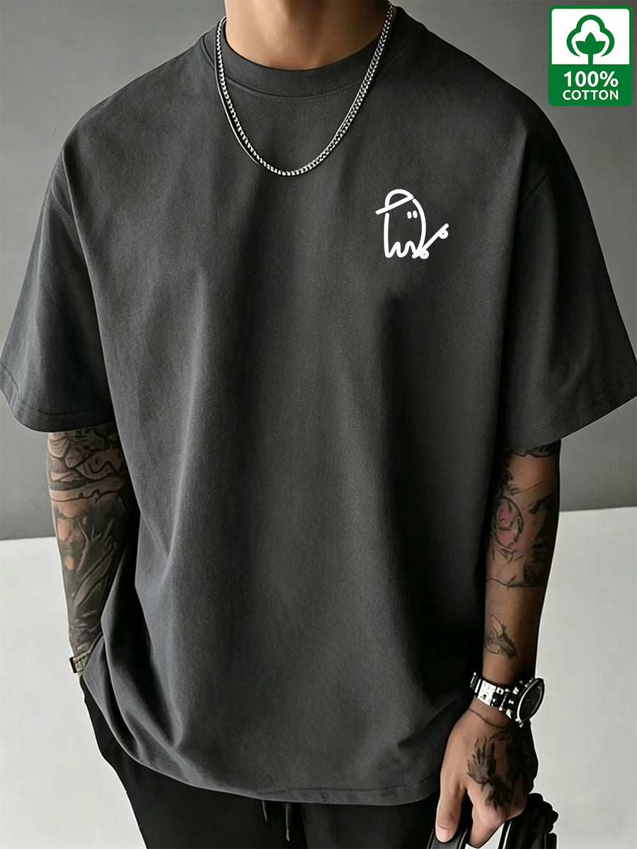 Men's Print Pure Cotton T-Shirt, Summer Fashion Vintage Trendy Casual Breathable Everyday Versatile Crew Neck Short Sleeve Top - Dark Gray