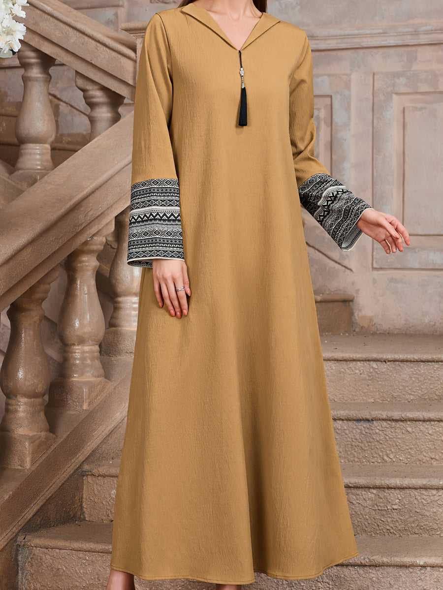 2026 Spring/Summer New Long Sleeve Women's Printed Maxi Dress, Loose A-Line Fringe Patchwork Middle Eastern Dress - Camel