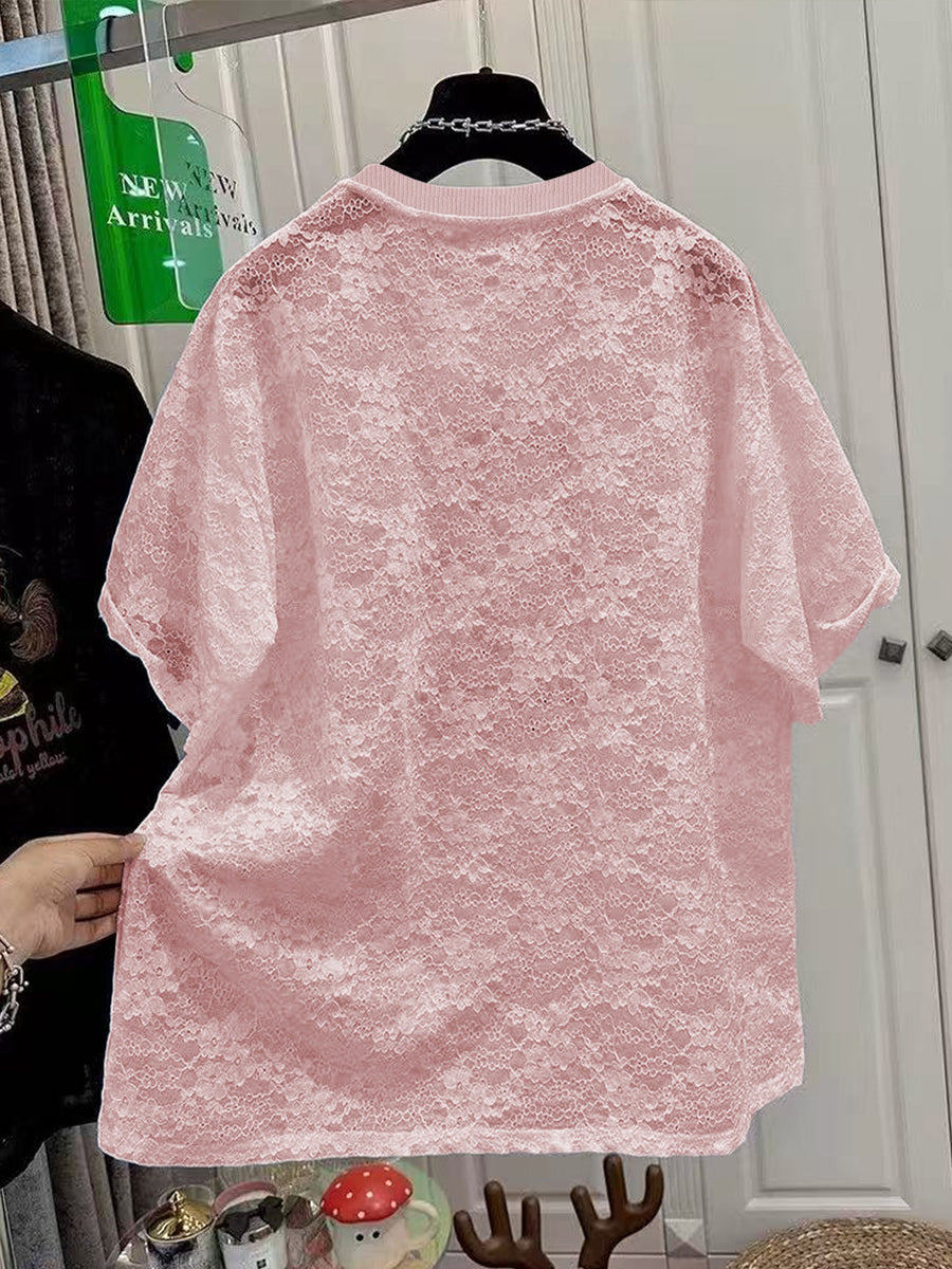 Trendy Spring/Summer Casual Street Sweatshirt, Sexy Preppy Style Round Neck Loose Number Print Lace Style Women'S T-Shirt - Pink