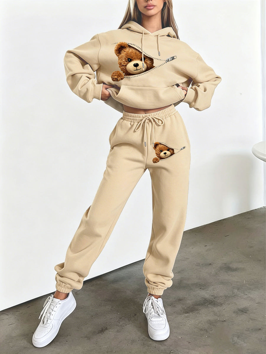 Autumn Winter Trendy Fashion Hooded Drawstring Sweatshirt And Joggers Women'S Set Zipper Bear Print Trendy Play Style Cold Weather Comfortable Outfit Classic Silhouette Comfortable Fit Casual Home Outing Two-Piece Set - Apricot