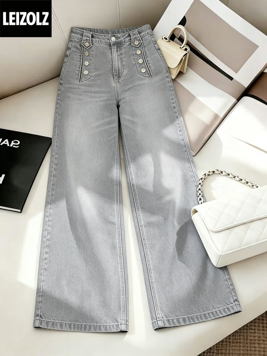 Women's High-Waist Commuter-Style Light Gray Washed Button-Front Wide-Leg Jeans, Flared and Lengthened for a, Loose-Fit Floor-Length Denim Pants - Light Grey