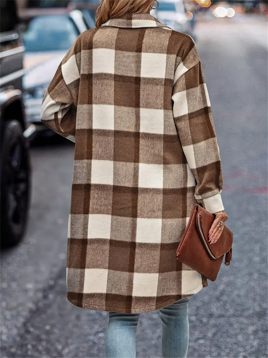 Elegant Women's Plaid Long-Sleeve Casual Shirt, Autumn/Winter Long-Sleeve Top, Long Blouse - Khaki