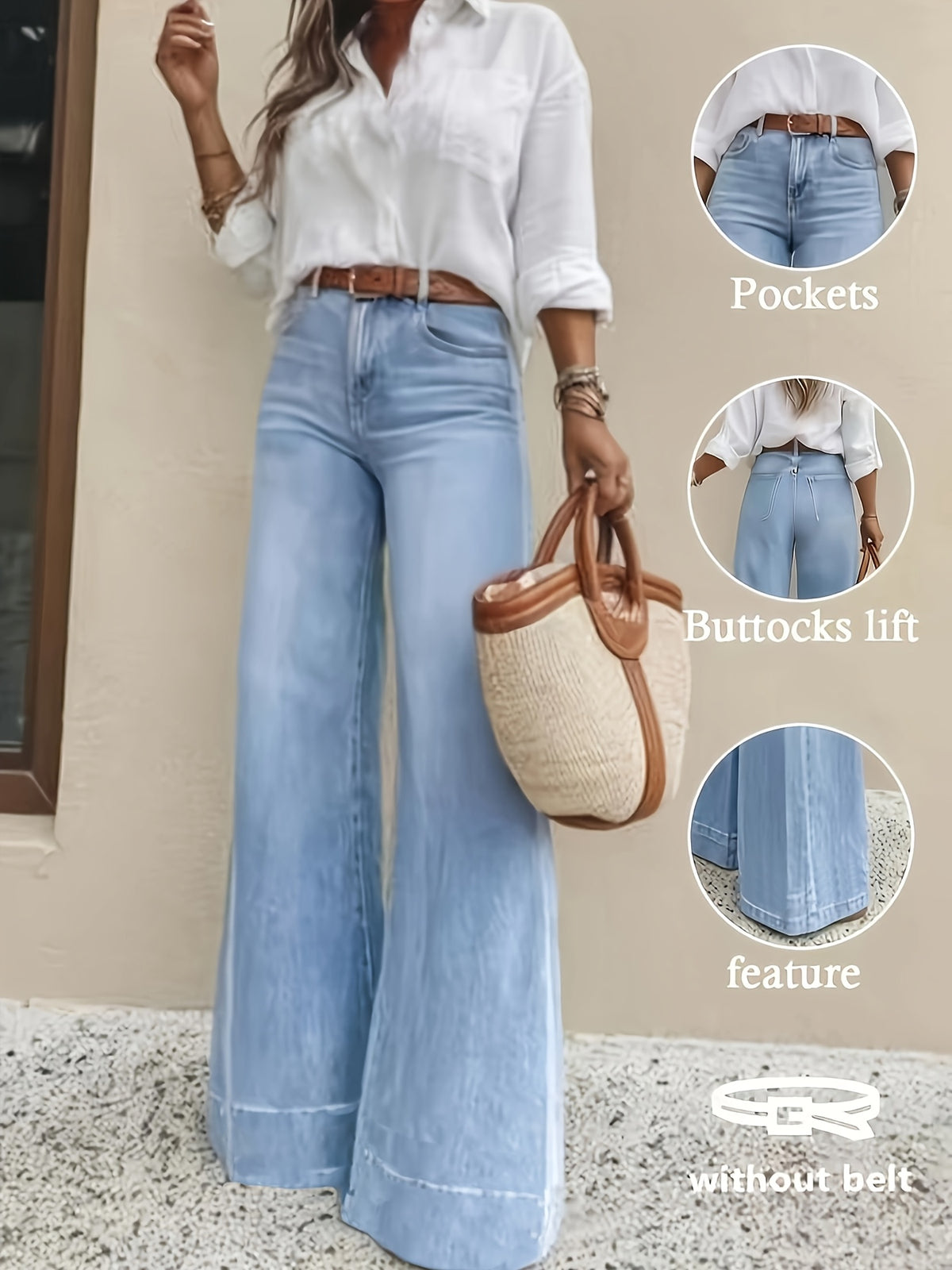 Women's Light Blue Stretch Jeans with a Wide-leg Hem, Elasticated Body-hugging Fit, Soft Washed Denim, Suitable for Both Work and Casual Wear, Stylish and Versatile - Light Blue
