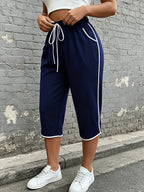 Women'S Capri Pants, Retro Color-Block Striped Wide-Leg Mid-Length Trousers, Loose Straight Casual Outerwear Sweatpants, Casual All-Match Women'S Pants, Daily Casual Outing Wear, Home Fitness - Navy Color