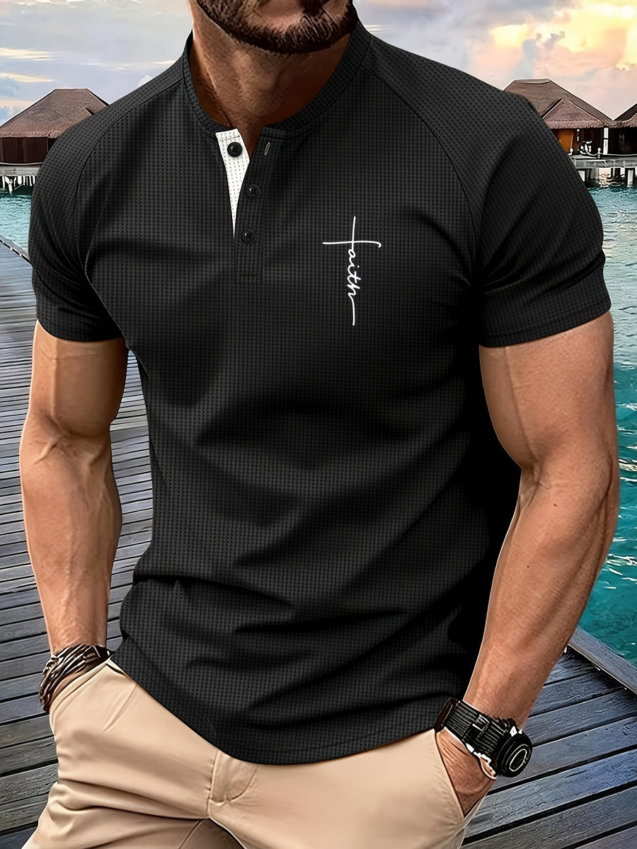 Men'S Short Sleeve Henley Shirt, Summer Button-Up Knit Style, Breathable And Fashionable, High-Quality Casual Outdoor Top, Suitable for Spring And Summer Seasons - Black