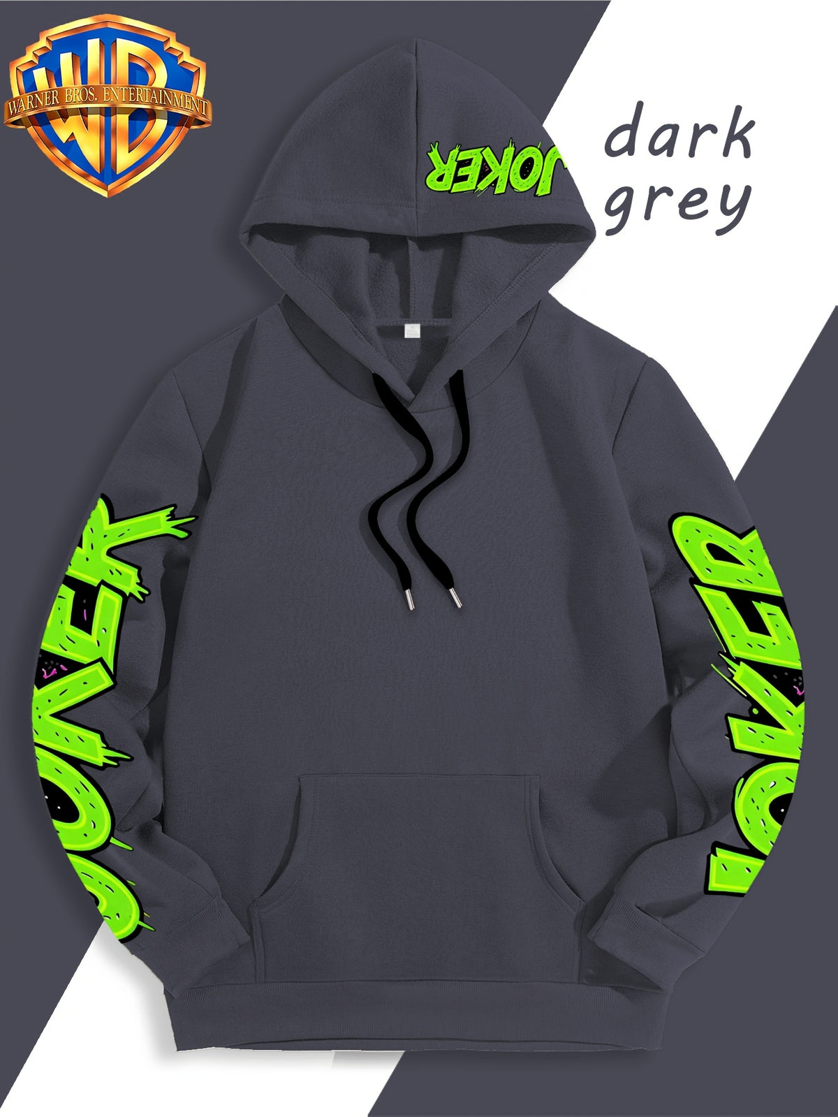 Authorized by Warner Bros., Featuring Colorful Graffiti And Ink Splattered Joker JOKER Poker Prints, Hat Design Patterns, Versatile Street Style Men'S Hooded Sweatshirt, Comfortable And Casual, Suitable for Autumn And Winter Wear - Dark Gray