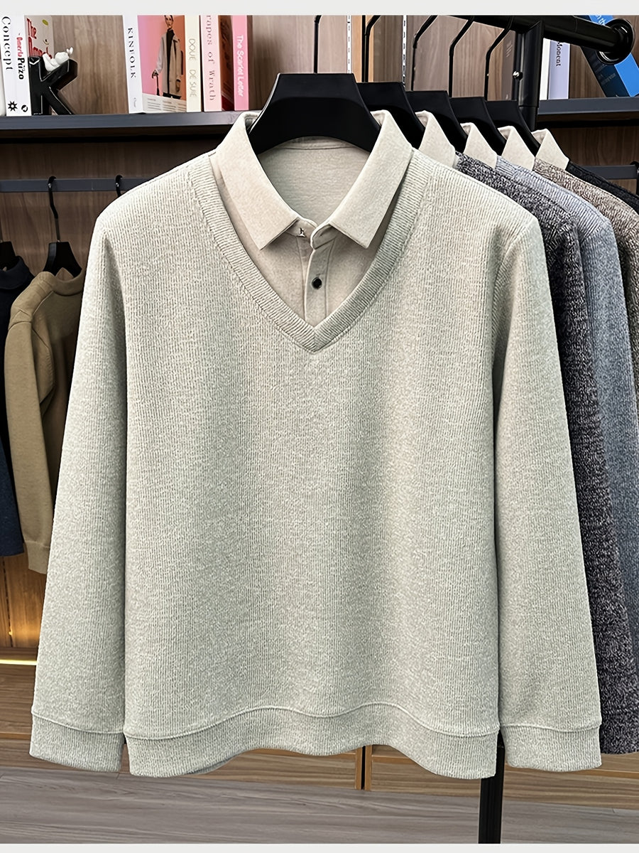 Men'S Autumn V-Neck Faux Two-Piece Pullover Sweater Top, Shirt Collar Patchwork Sweater, Casual Sportswear Top, Warm And Comfortable, Autumn Business Casual Daily Travel Commute Gift Choice, Knit - Beige Apricot