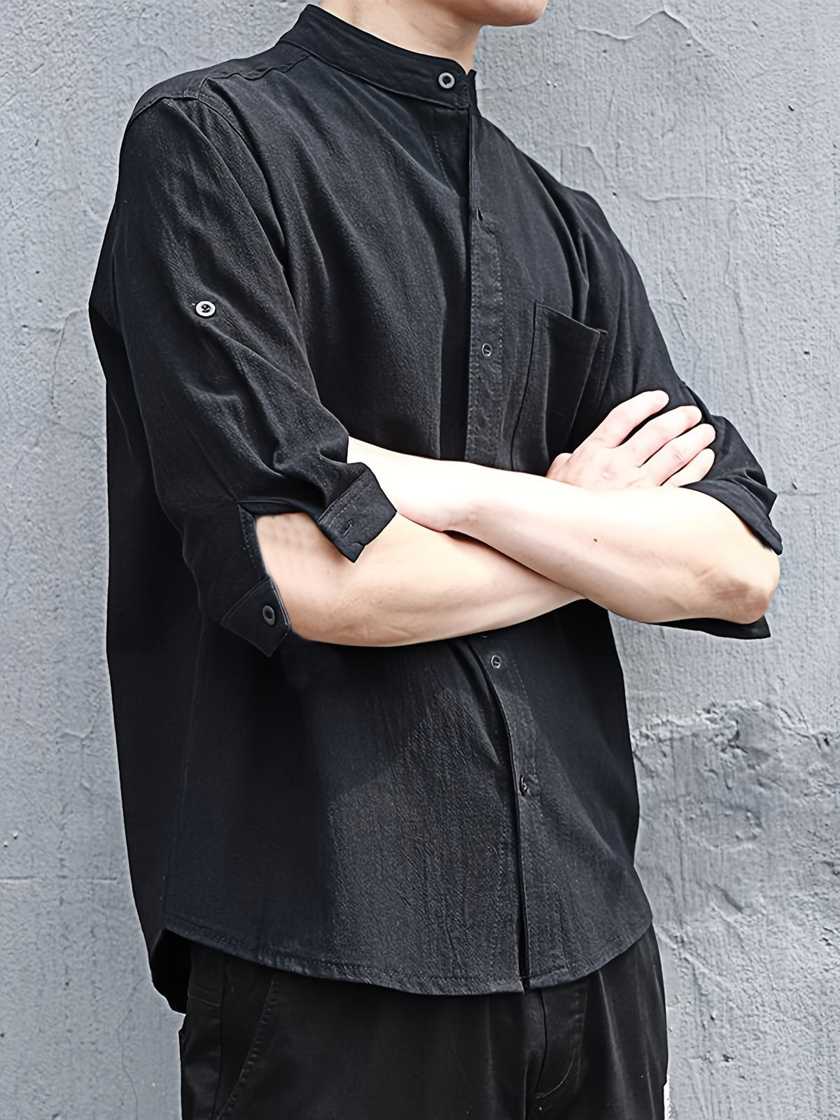 New Loose-fitting Chinese-style Stand-up Collar Men's Shirt, Comfortable and Breathable Linen Men's Mid-length Sleeve Shirt, Simple and Versatile Men's Casual Shirt. - Black