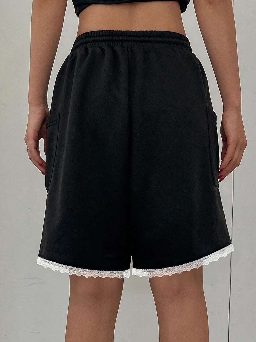 Women's Elastic Waist Knee-Length Pants - Loose-Fit Drawstring Waist with Lace Trim & Patchwork Suitable for Summer, Solid Color Outerwear, Machine Washable Casual Trousers for Blouses/Elastic Skirts (Non-) - Black