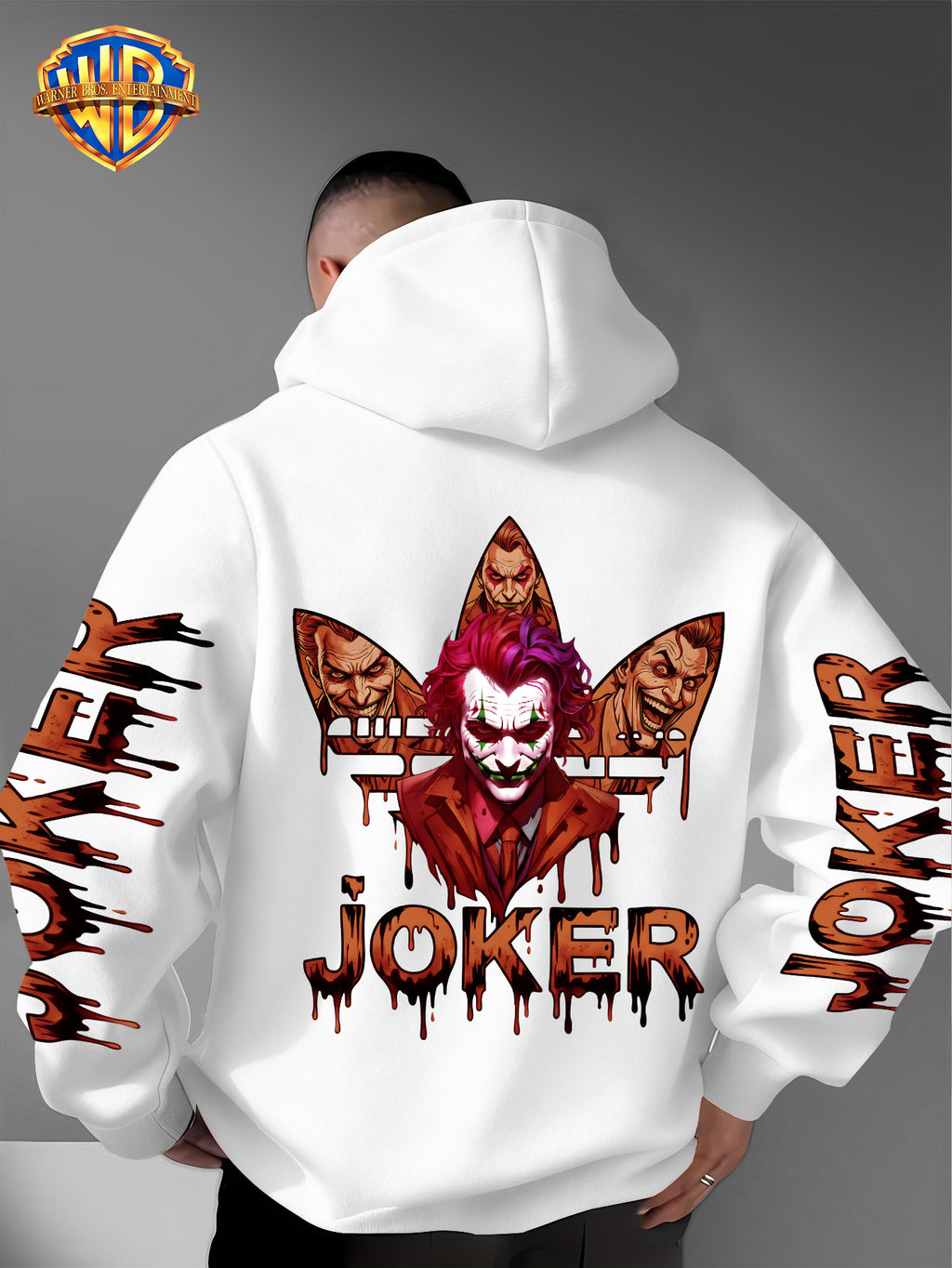 Warner Bros. Official DC Joker Multi-Character Avatar Brown-Toned Fluid Drip Graffiti Men's Fashion Hooded Sweatshirt, Sleeve Print Design, Kangaroo Pocket, Drawstring Hood, Suitable for Daily Wear and Outdoor Sports, an Excellent Choice for Warmth - White