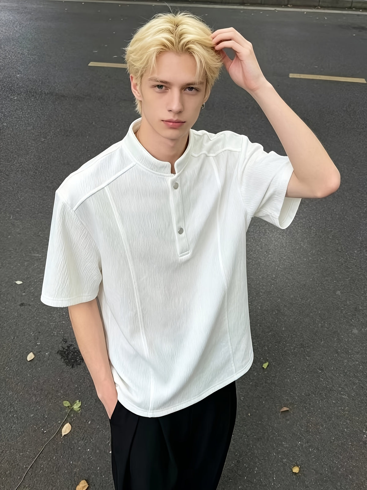 2026 Men'S Summer Casual Old Money Style Bark Texture Henley Short Sleeve Polo Shirt Men'S Loose Regular Shoulder Half Sleeve - White