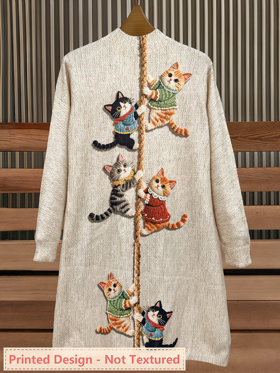 Printed Pattern - No Texture Women'S High Neck Dress - Long Sleeve Thick Pullover with Cat Print, Visual Effect, Soft Material, Suitable for Autumn And Winter Outfits - Multicolor