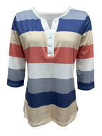 Women's Fashion New Spring/Summer Striped Print V-Neck Button-Up Three-Quarter Sleeve Loose Fit Casual Top Base Tee, Comfortable and Stylish - Suitable for Daily Wear and Home - Blue Mixed Yellow