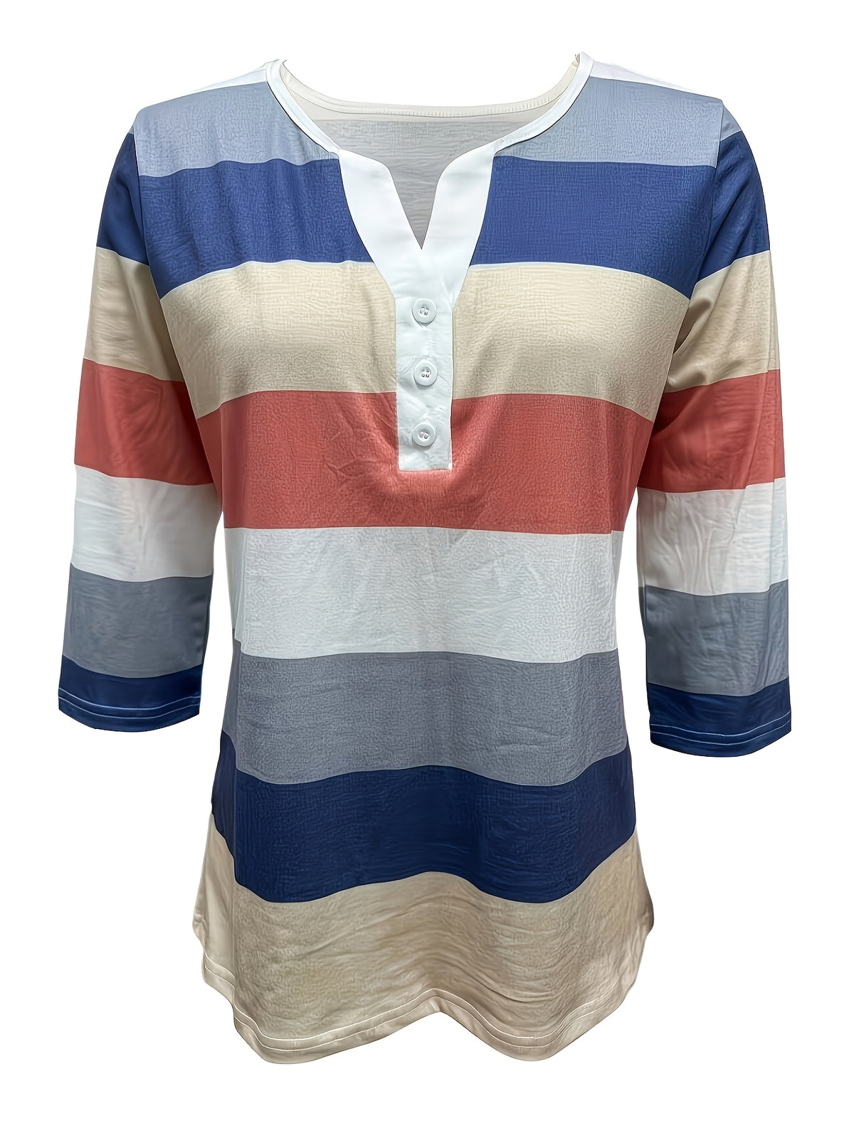 Women's Fashion New Spring/Summer Striped Print V-Neck Button-Up Three-Quarter Sleeve Loose Fit Casual Top Base Tee, Comfortable and Stylish - Suitable for Daily Wear and Home - Blue Mixed Yellow