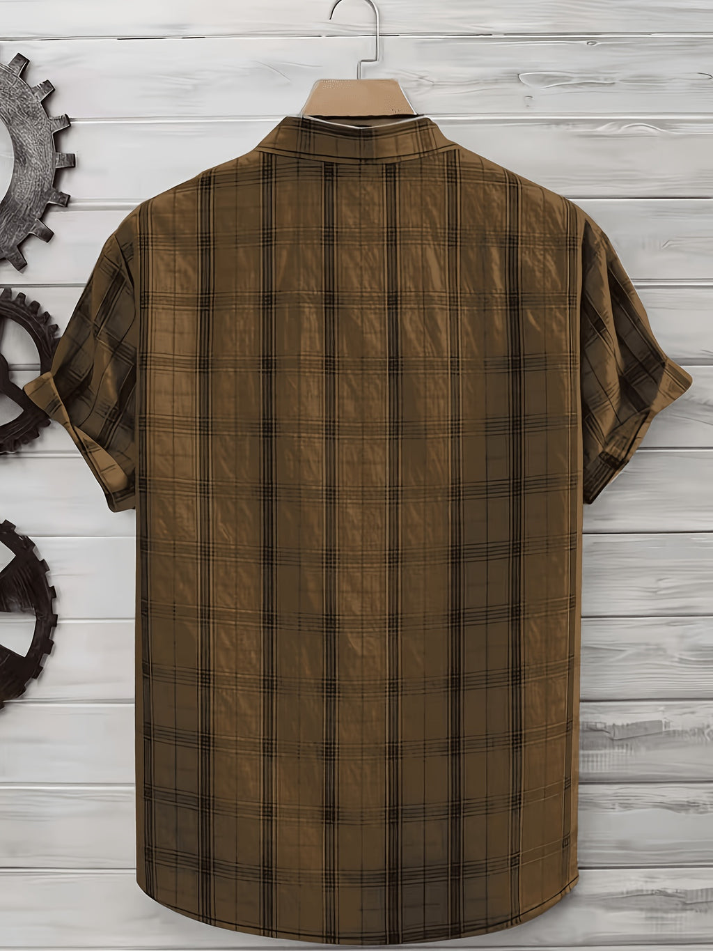 Men's Summer Casual Texture Checkered Short Sleeve Loose Fit Outdoor Trendy Fashion Front Closure Flap Collar Shirt - Coffee Color
