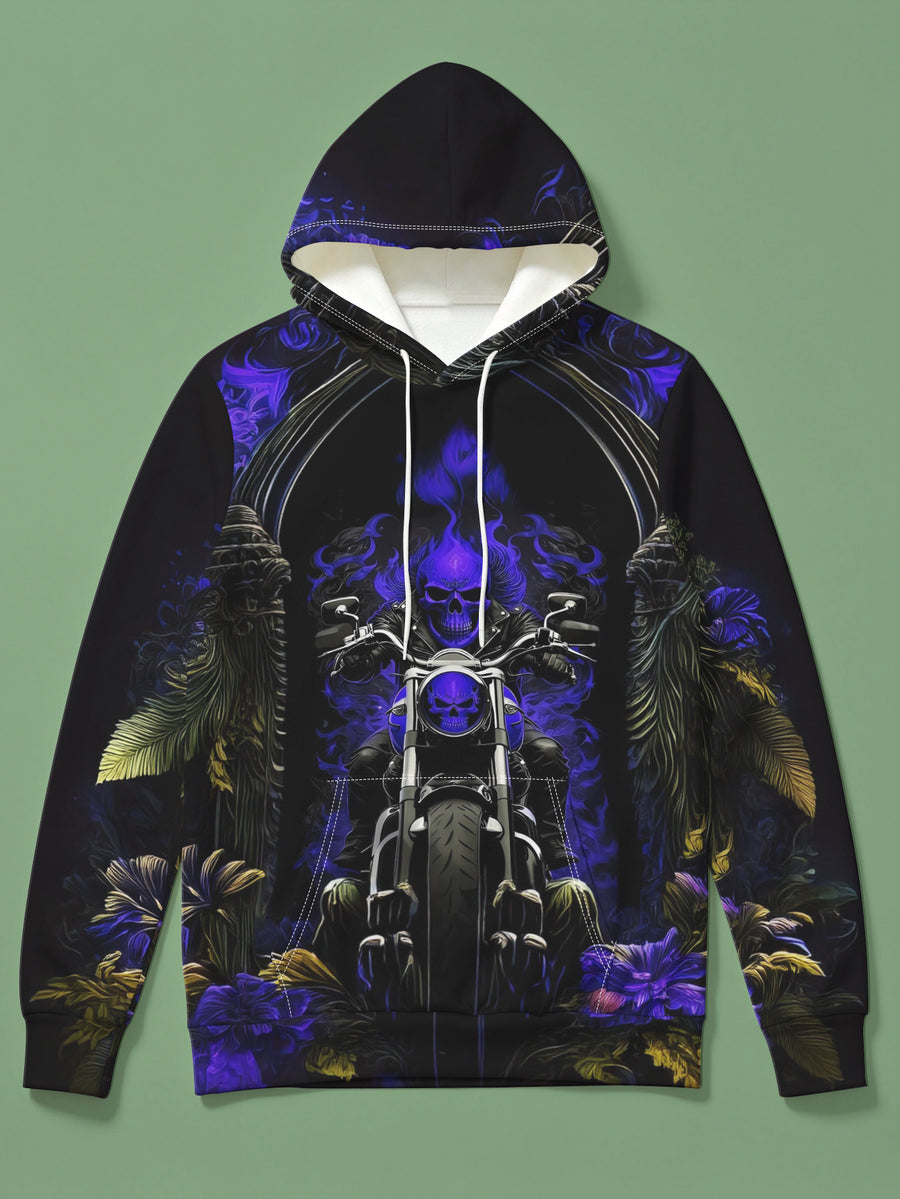 Men'S Hoodie - Men'S Casual Pullover with Hood - Autumn/Winter Wear, Digital Print Pattern, Blue Flame Skull Riding Motorcycle, Machine Washable, Suitable for Travel And Daily Wear - Loose Fit, Comfortable And Fashionable - Multicolor