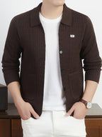 Du Jing Lan OBM Autumn/Winter New Arrival Men's Knit Cardigan, Old Money Style Solid Color Open Front Button-Up Lapel Long Sleeve Knit Cardigan, Men's Business Casual Fashion Open Front Knit Base Layer Top, Suitable for Layering in Spring - Coffee Brown