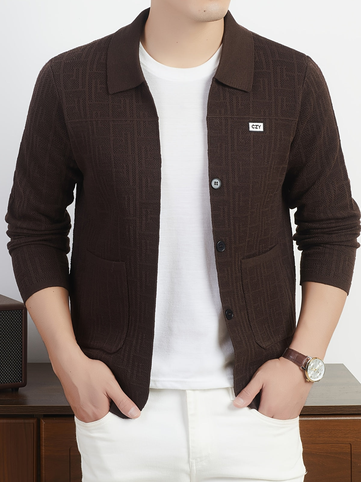 Du Jing Lan OBM Autumn/Winter New Arrival Men's Knit Cardigan, Old Money Style Solid Color Open Front Button-Up Lapel Long Sleeve Knit Cardigan, Men's Business Casual Fashion Open Front Knit Base Layer Top, Suitable for Layering in Spring - Coffee Brown