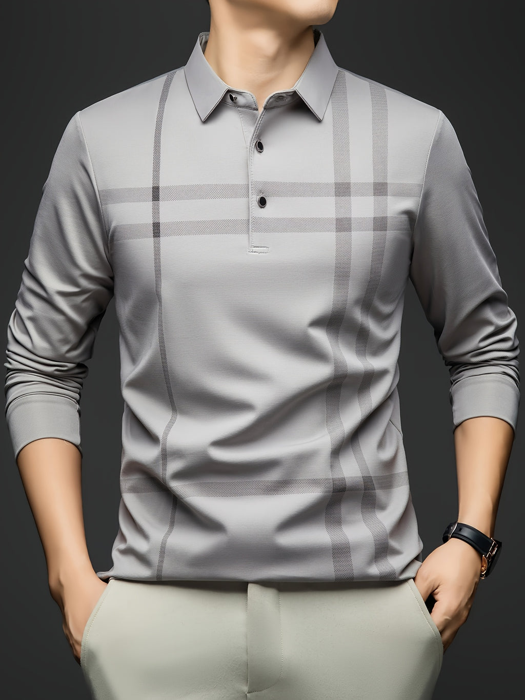 Men'S Striped Long Sleeve Shirt, Casual Commuter Versatile T-Shirt, Lapel Men'S Outdoor Athletic Wear, Easy Long Sleeve Lapel Business T-Shirt, Comfortable Breathable Middle-Aged Men'S Clothing - Light Grey