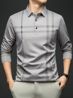 Men'S Striped Long Sleeve Shirt, Casual Commuter Versatile T-Shirt, Lapel Men'S Outdoor Athletic Wear, Easy Long Sleeve Lapel Business T-Shirt, Comfortable Breathable Middle-Aged Men'S Clothing - Light Grey
