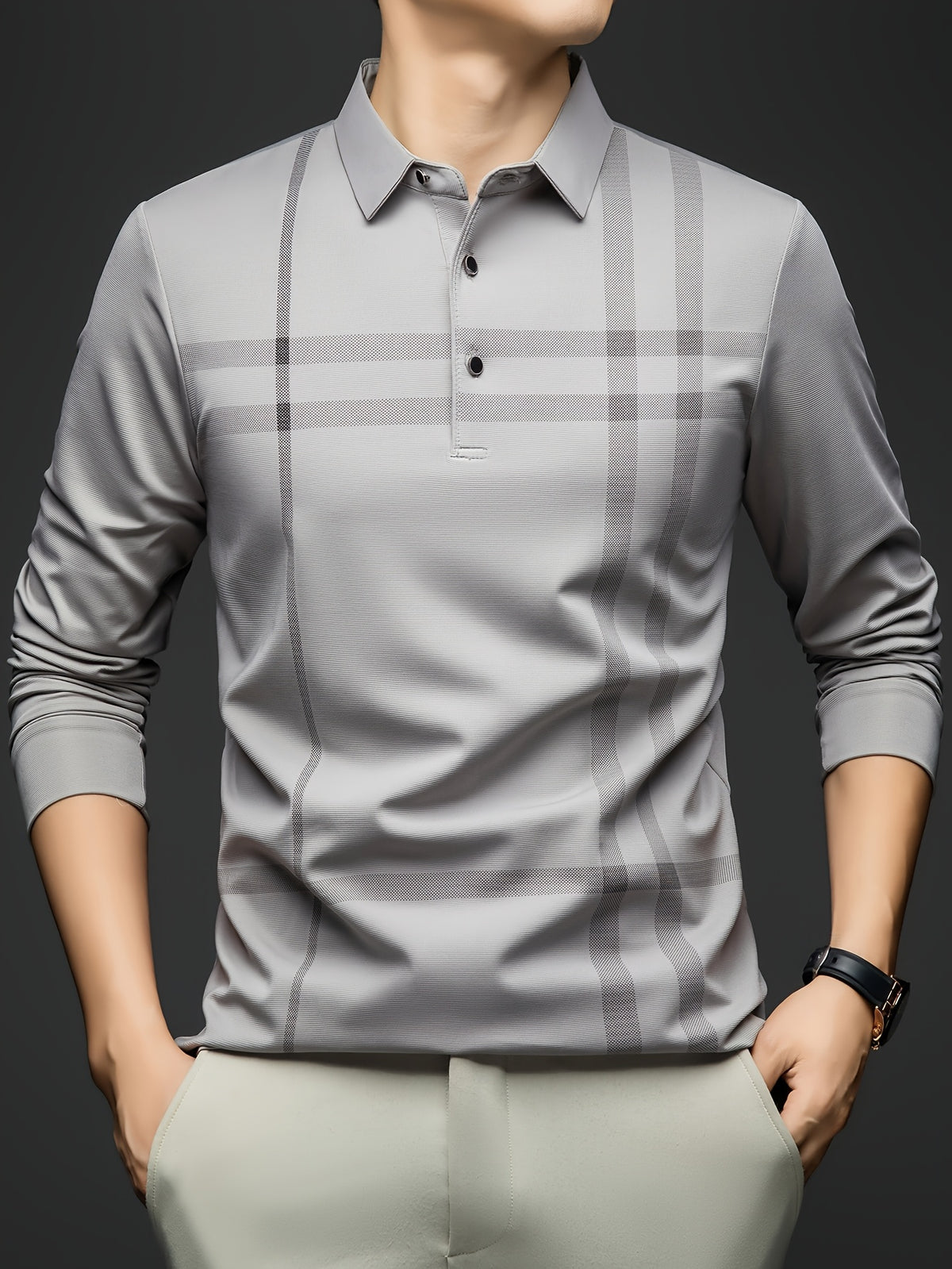 Men'S Striped Long Sleeve Shirt, Casual Commuter Versatile T-Shirt, Lapel Men'S Outdoor Athletic Wear, Easy Long Sleeve Lapel Business T-Shirt, Comfortable Breathable Middle-Aged Men'S Clothing - Light Grey