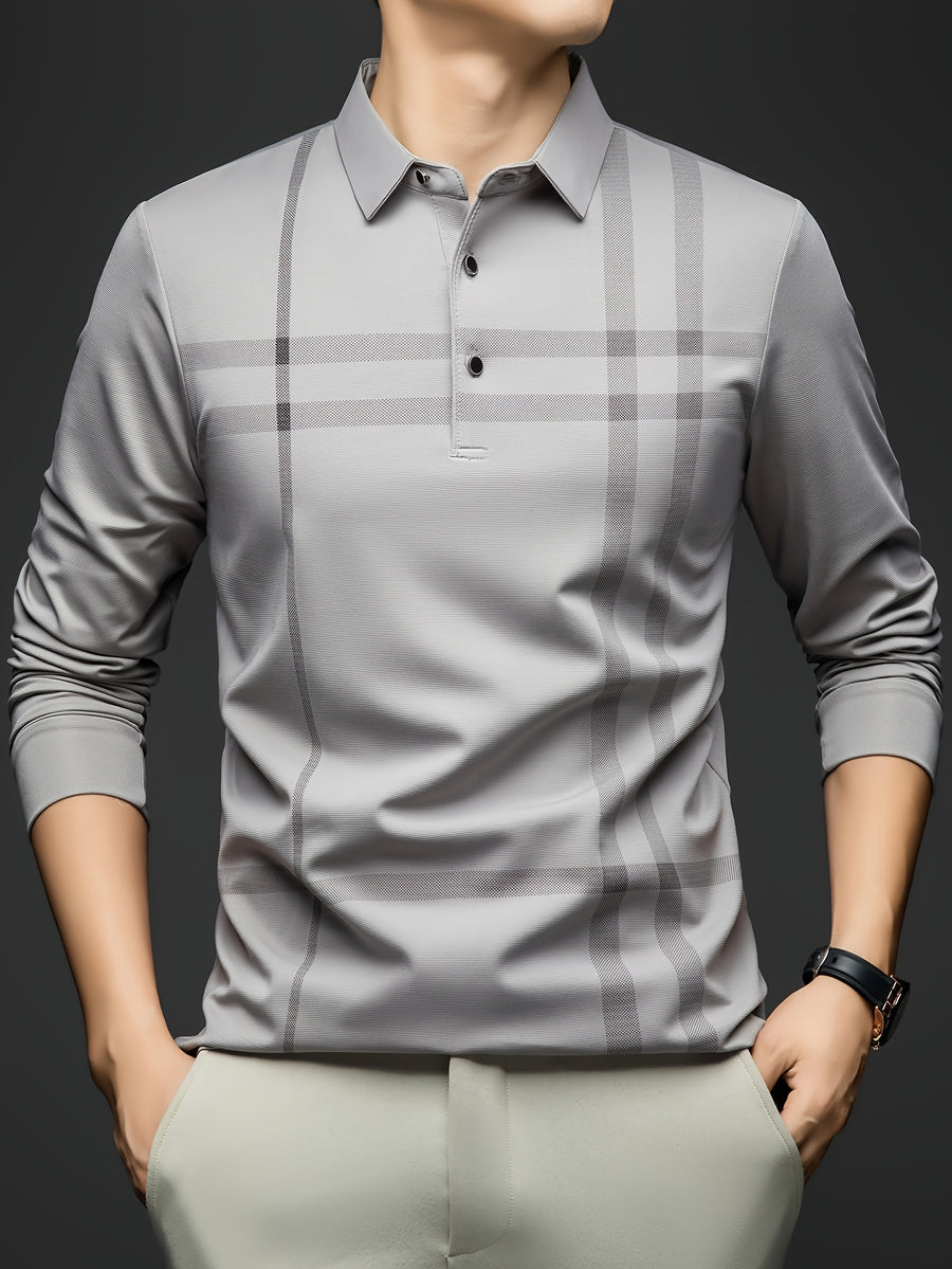 Men'S Striped Long Sleeve Shirt, Casual Commuter Versatile T-Shirt, Lapel Men'S Outdoor Athletic Wear, Easy Long Sleeve Lapel Business T-Shirt, Comfortable Breathable Middle-Aged Men'S Clothing - Light Grey