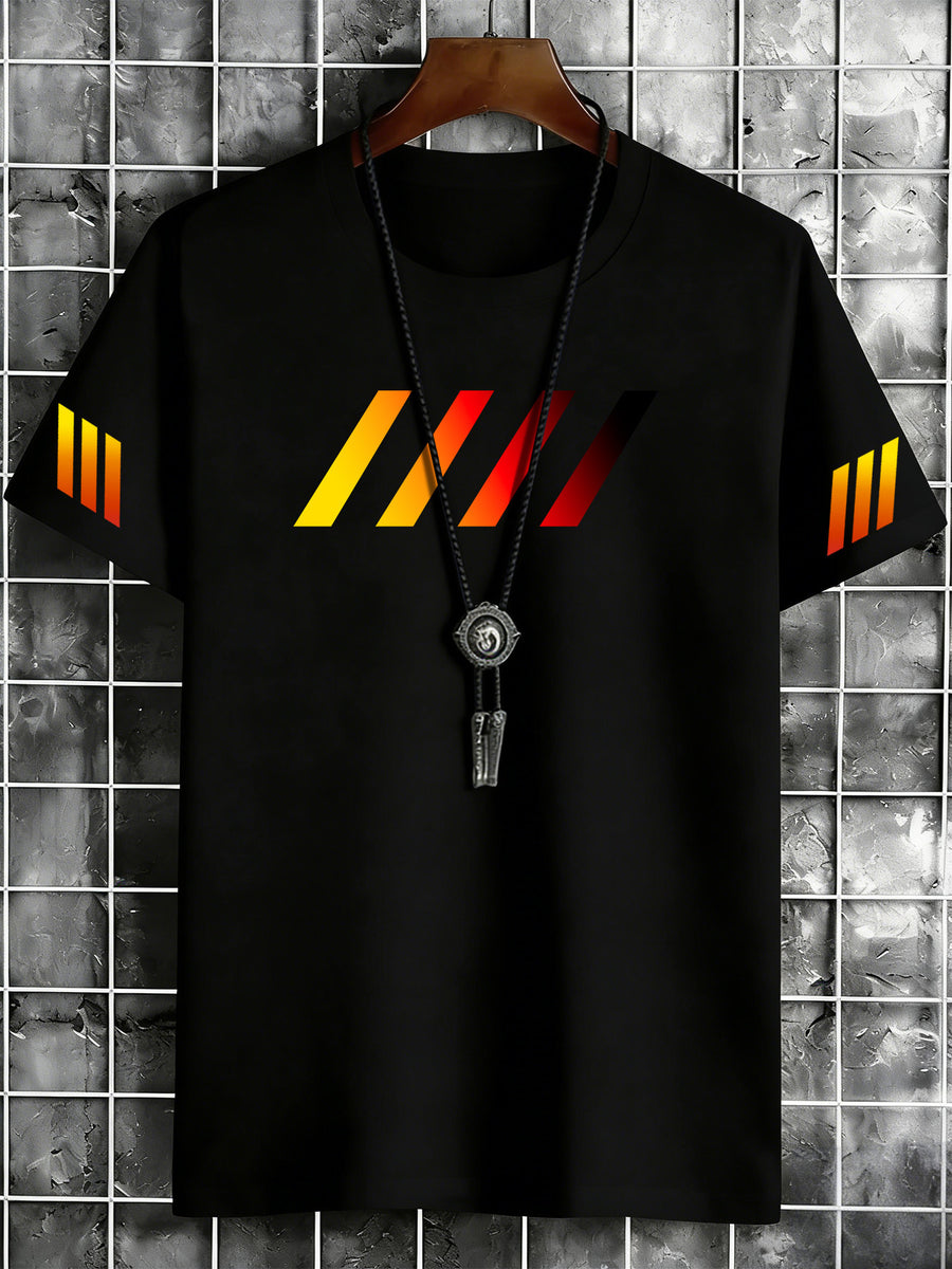 Men'S Casual Sports Short Sleeve T-Shirt with Gradient Diagonal Stripe Pattern Comfortable Breathable Quick-Drying Cool Suitable for Daily Wear Outdoor Jogging Available in 8 Colors Suitable for All Seasons - Black