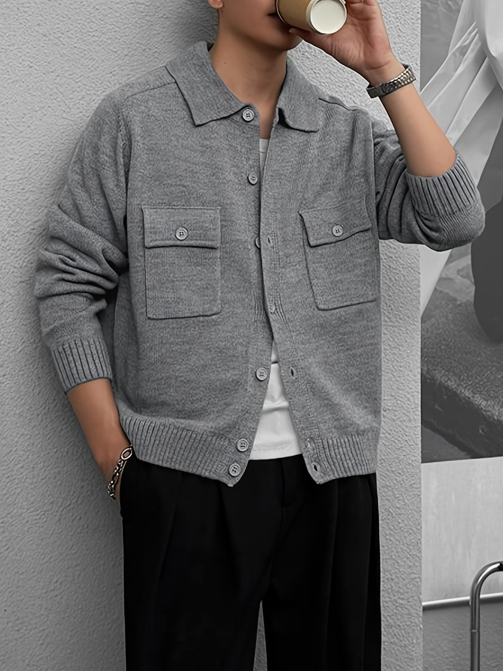 Men's Fashion New Rich Old Money Style Soft and Skin-Friendly Double Pocket Sweater Autumn Winter Casual Knit Cardigan - Grey