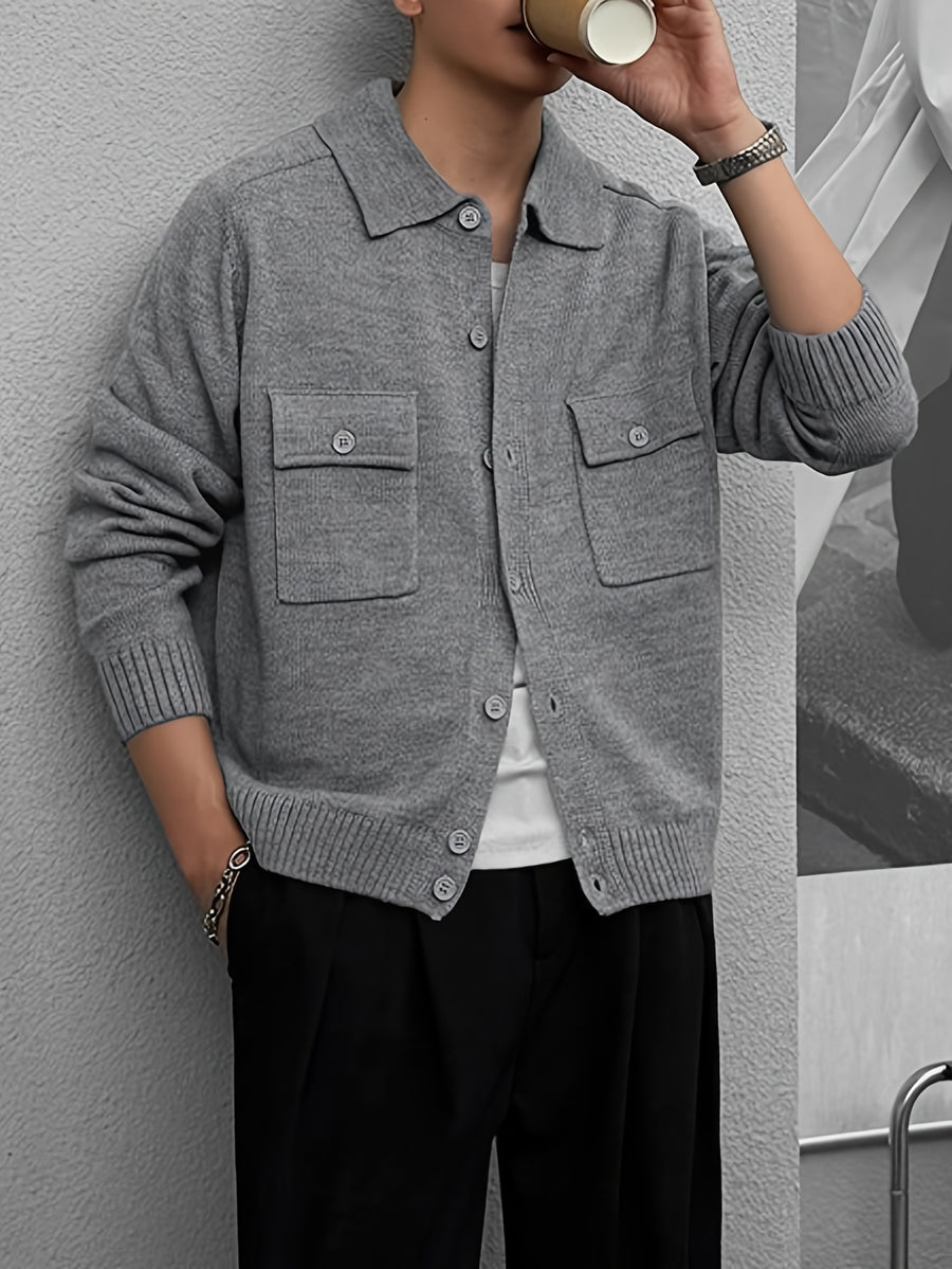 Men's Fashion New Rich Old Money Style Soft and Skin-Friendly Double Pocket Sweater Autumn Winter Casual Knit Cardigan - Grey
