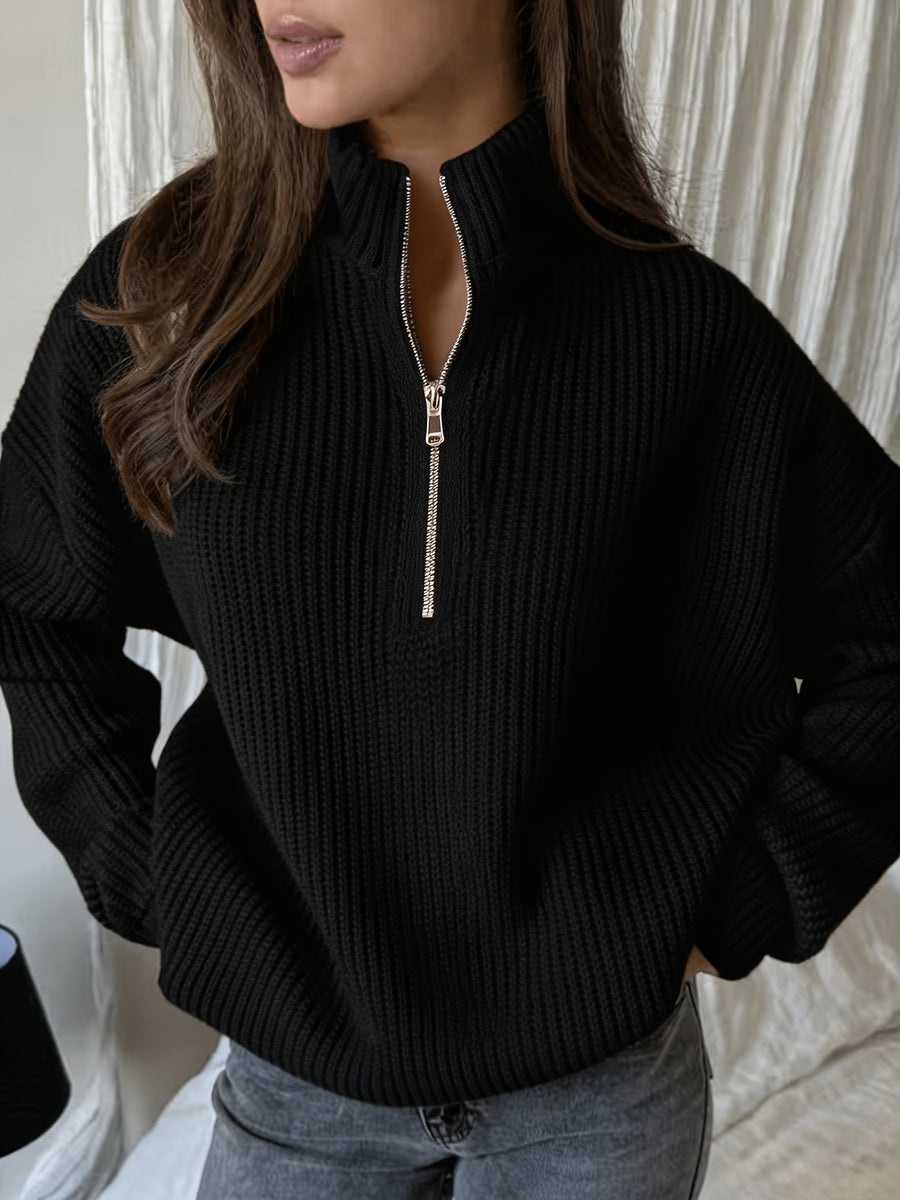 Women's Half-Zip Stand Collar Sweater, Loose Fit Ribbed Cable Relaxed Top, Gavin - Black