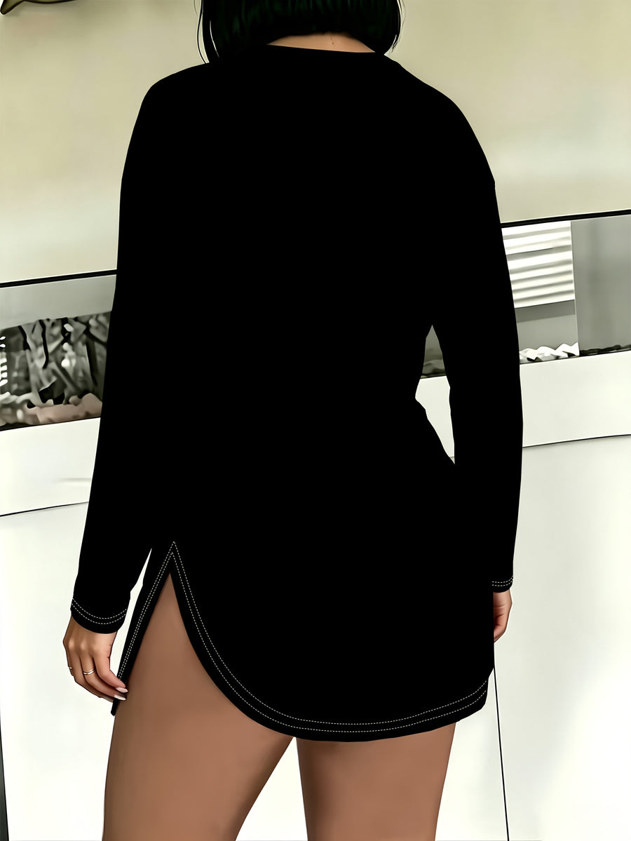 Women's T-shirt, Drop-shoulder Long-sleeve Tee with Side Slits, Featuring a Creative Virtual Large Zipper Print Design. Loose Mid-length Fit with Comfortable, Skin-friendly Fabric That Gently Contours the Body. Suitable for Daily Outings and Casual - Mixed colors