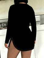 Women's T-shirt, Drop-shoulder Long-sleeve Tee with Side Slits, Featuring a Creative Virtual Large Zipper Print Design. Loose Mid-length Fit with Comfortable, Skin-friendly Fabric That Gently Contours the Body. Suitable for Daily Outings and Casual - Mixed colors