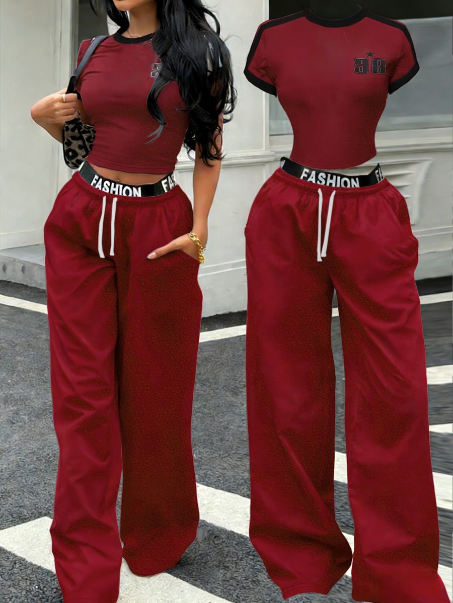 Women's 2pcs Set: Black and White Contrast Striped Cropped Top + Letter-Print Waistband Wide-Leg Pants in Western Hot Style - Red