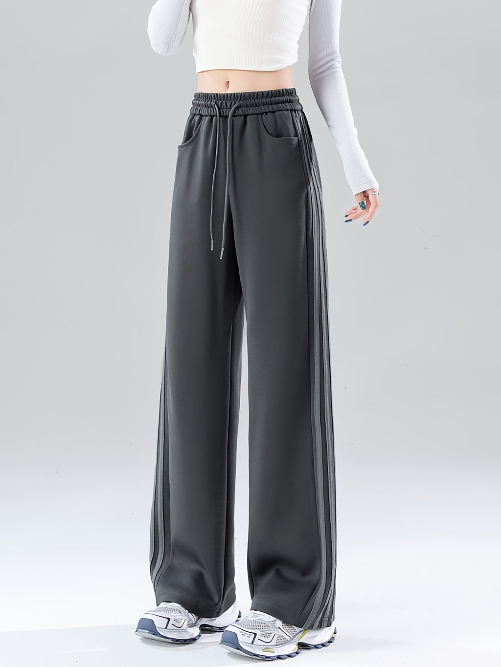 2025 Autumn Casual Easy Line Contrast Patchwork Casual Trousers American Loose Long Pants Women'S - 1A67 dark gray plastering