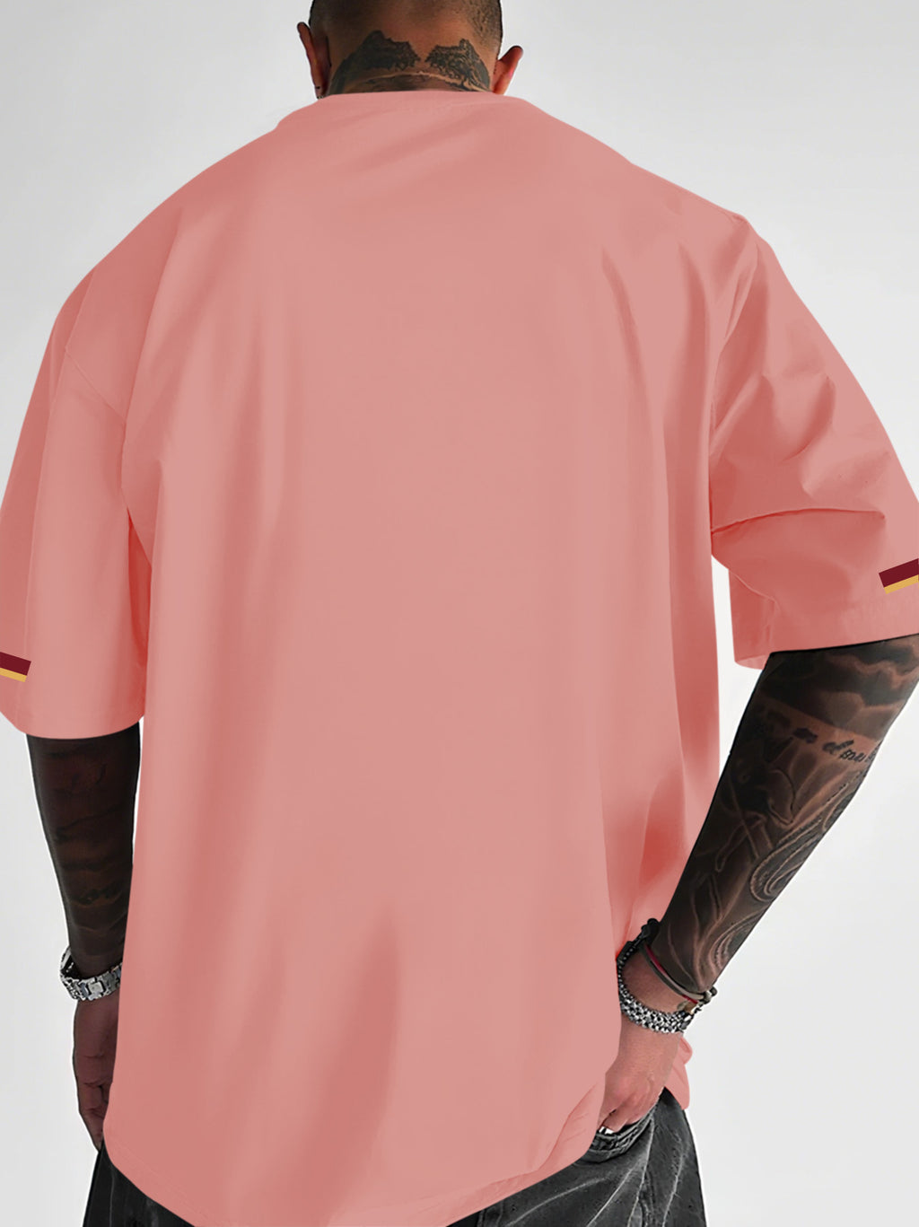 Street Style Men'S Trendy T-Shirt, Easy Team Badge Print And Side 3-Color Design, Casual Travel Fashion Outfit - pink color