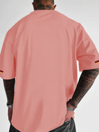 Street Style Men'S Trendy T-Shirt, Easy Team Badge Print And Side 3-Color Design, Casual Travel Fashion Outfit - pink color