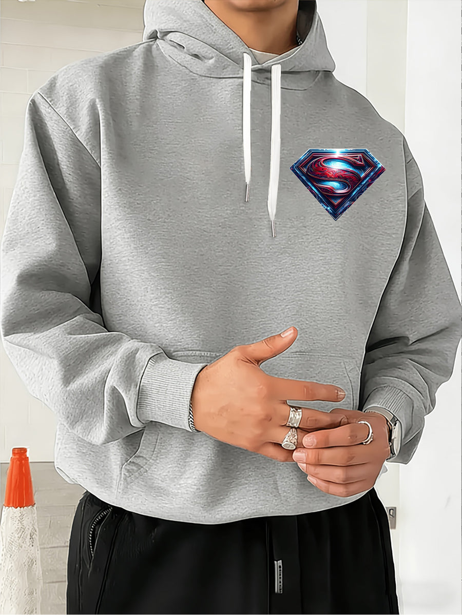 Warner Bros. Official Light and Shadow Superman S-Logo Printed Hooded Sweatshirt — Unisex Loose Pullover, Suitable for Casual, Sports, and Daily Wear, Machine Washable and Warm, for Autumn and Winter - Light Grey