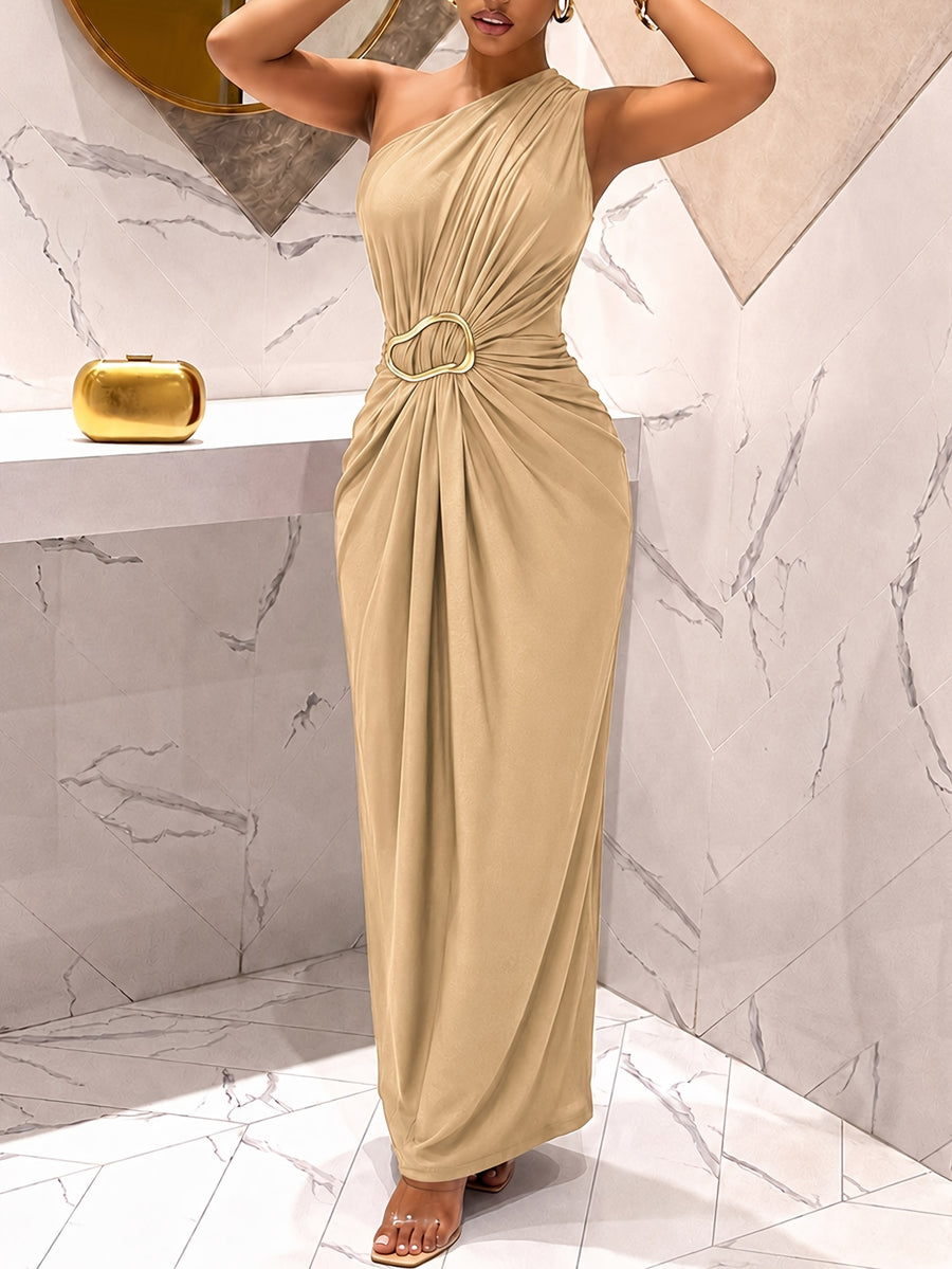 Summer Women'S Light Luxury Solid Color Off-Shoulder Long Dress, Metal Buckle Embellishment Ruched -Hugging Design, Elegant Party Outfit - Light Khaki