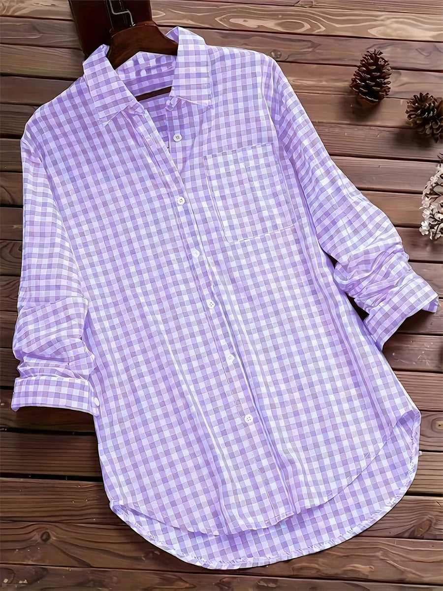 Women'S Spring Summer Casual Retro Commuter Long Sleeve Plaid Shirt - Purple