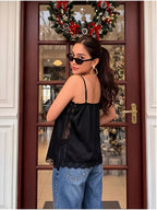 Elegant Exquisite Women'S Black Lace Trim Camisole Fashion Temperament Piece for Party Date Vacation Daily Outfit - Black