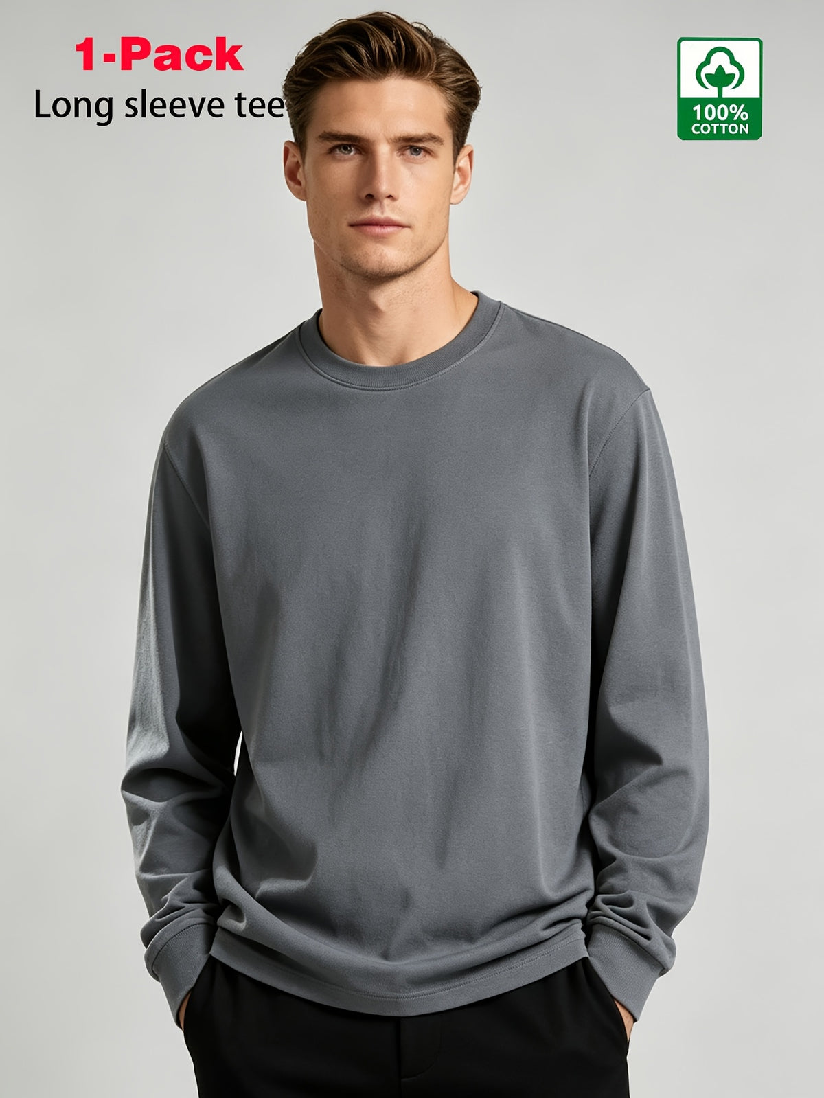 [Villa Joy Water OBM] Men'S Long Sleeve T-Shirt 1pc 100% Pure Round Neck Base Layer Spring Autumn Loose Casual Solid Color Top Skin-Friendly Breathable Sweat-Absorbent Durable Non-Deforming Daily Commute Outdoor All-Match Long Sleeve T-Shirt Can Be - 1Pcs Gray