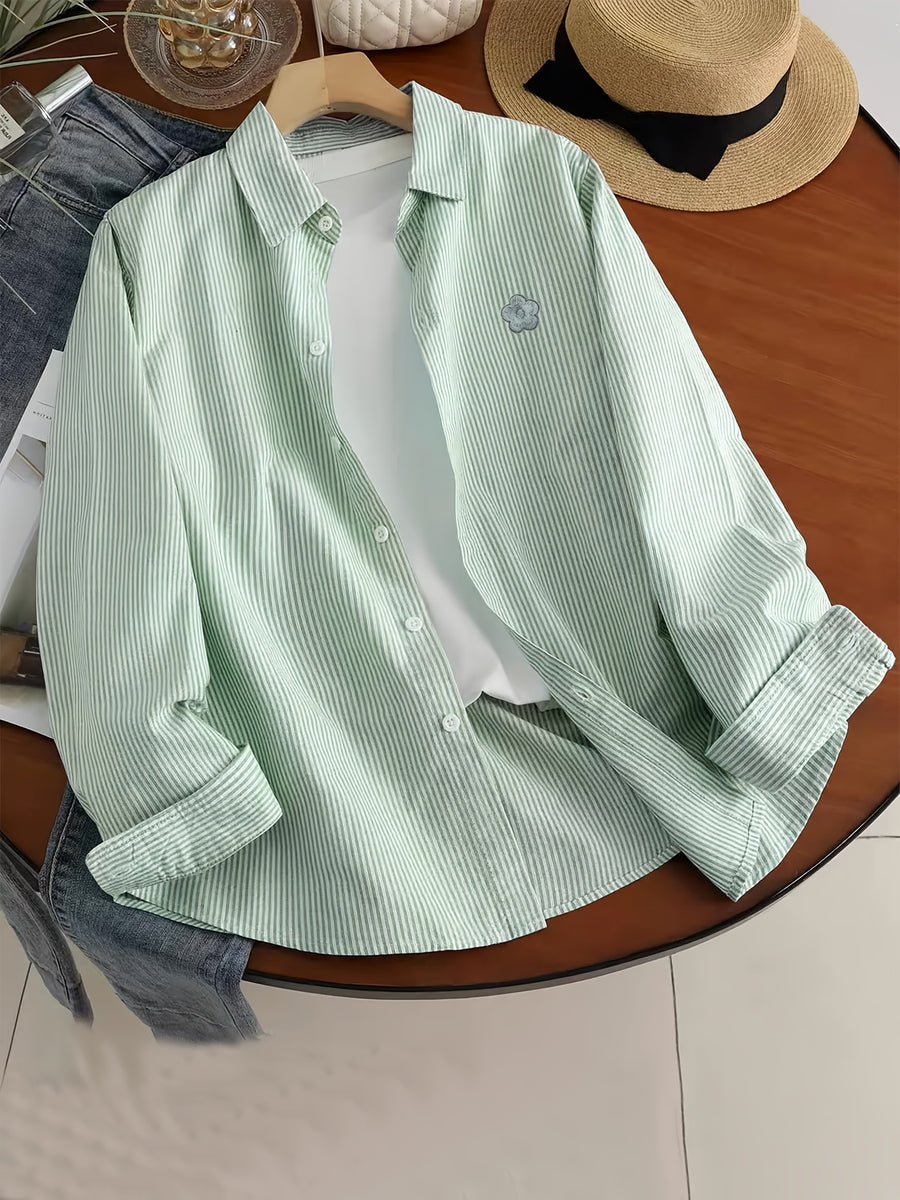 Versatile Basic Spring/Autumn Lightweight Niche Embroidered Patch Print Long Sleeve Thin Striped Loose Fit Multi-Color Casual Shirt - Light Green 02 Version