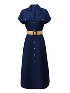 Summer New Elegant Fashion Commuter Versatile Party Women's Dress with Belt - Navy blue color