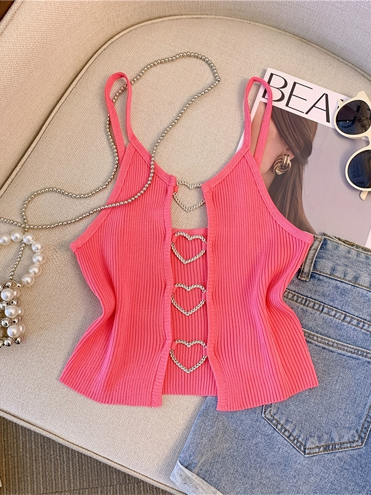 Style, Western Spring/Summer New Fashion Heart Hollow Out Cami Vest Top - Red